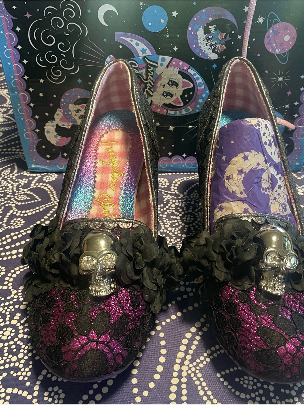 Irregular Choice Purple Glitter Lace Skull Flats with Black Flower Trim
